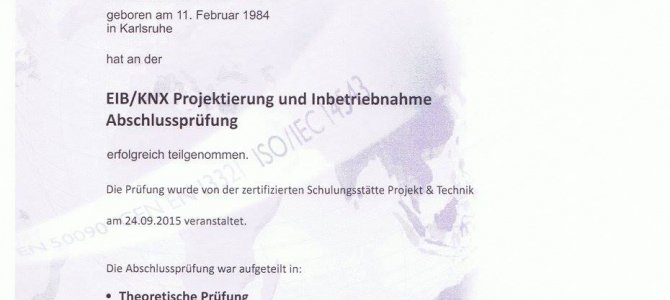 Zertifikat für Hausautomatisation nach EIB/KNX Standard